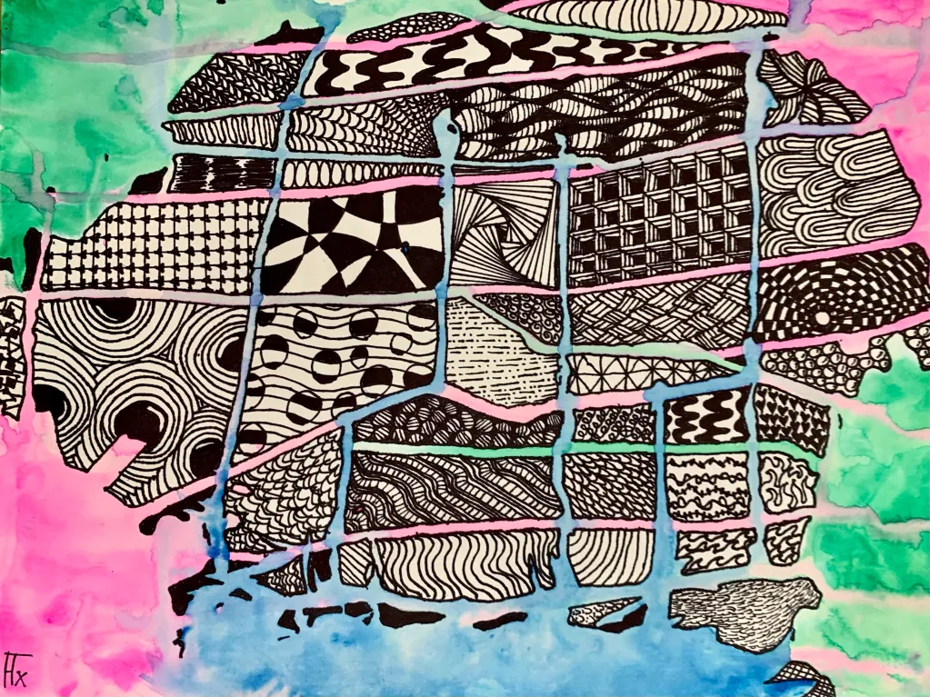 watercolor drip zentangle