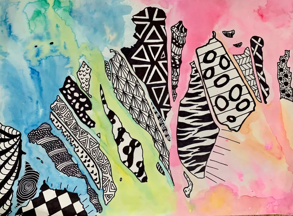 watercolor drip zentangle