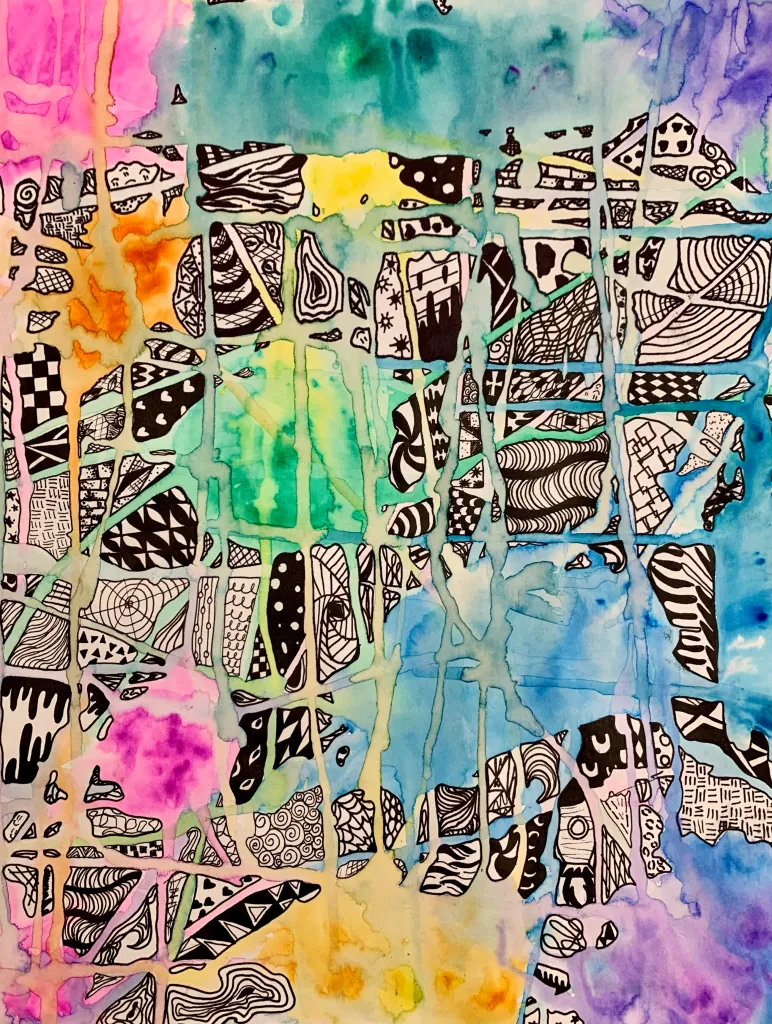 watercolor drip zentangle