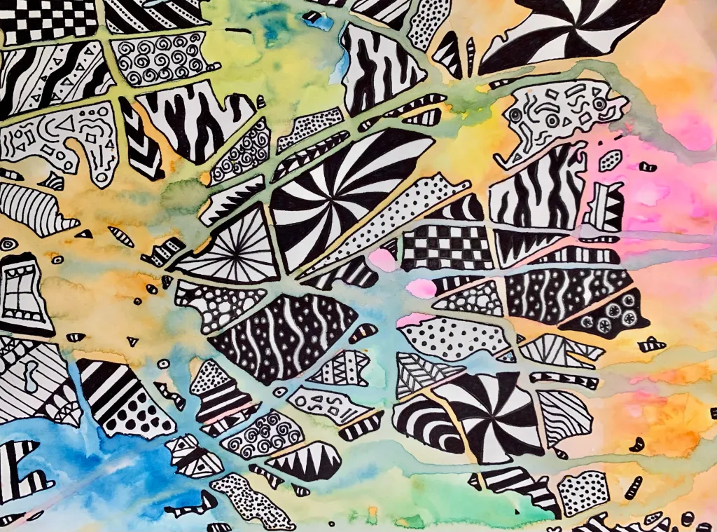 watercolor drip zentangle
