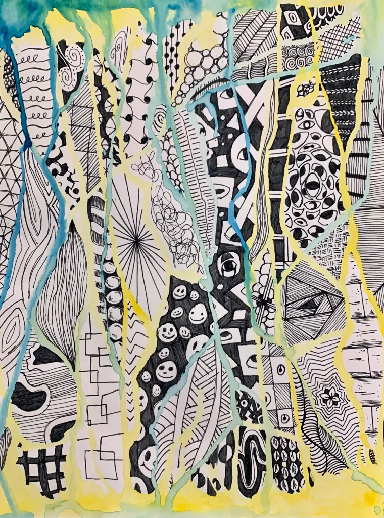 watercolor drip zentangle