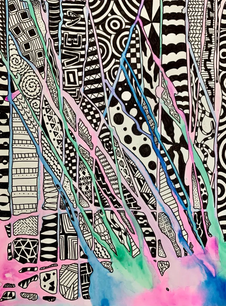 watercolor drip zentangle
