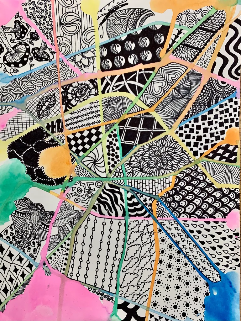 watercolor drip zentangle