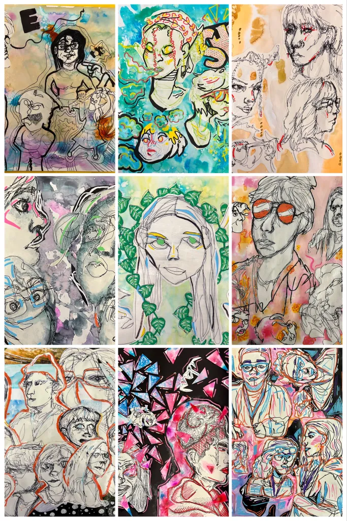 mixed media contour portraits