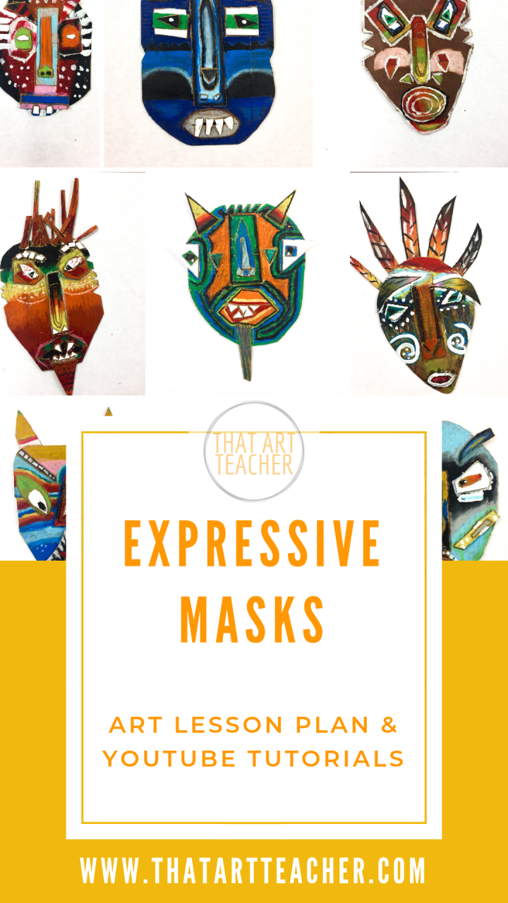 Art lesson plan and video tutorials! Expressive mask sculptures using cardboard and oil pastels. So many art history and cultural connections and great for art teachers on a budget!
