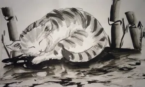 Sumie Painting Lesson cat with bamboo