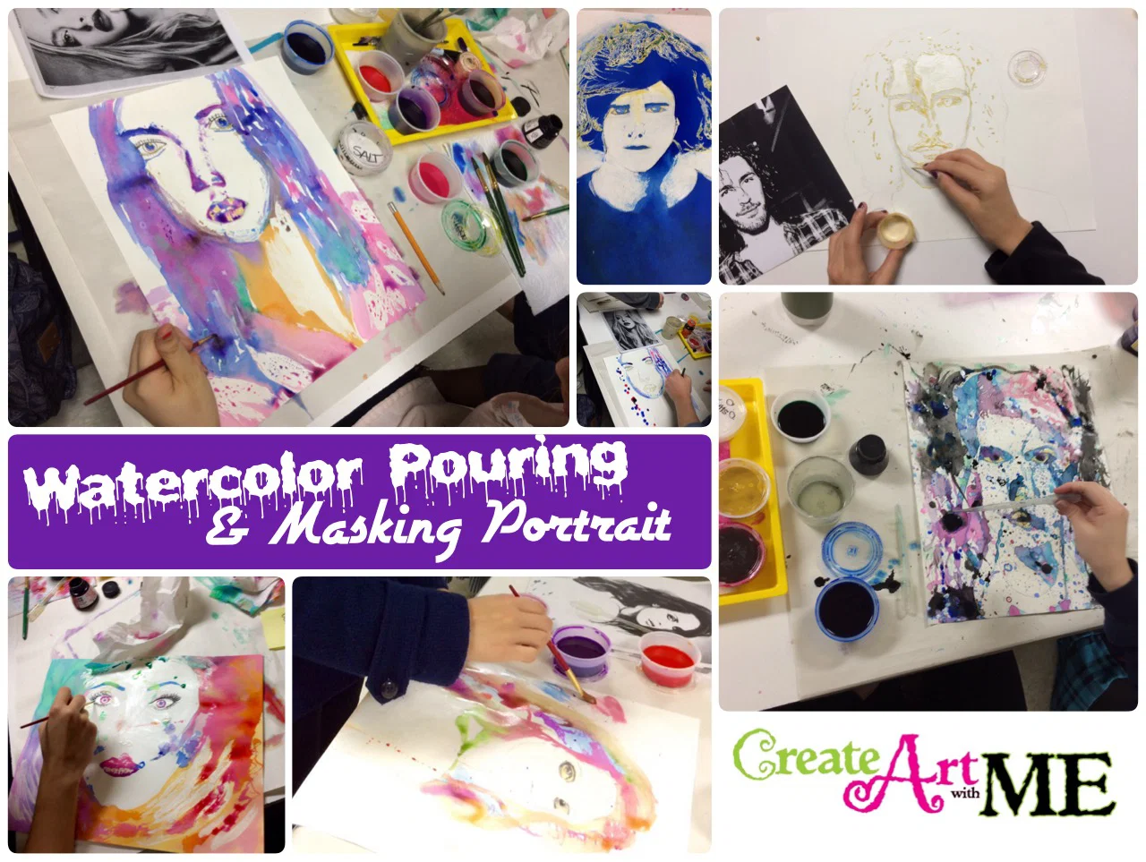 Featured: Watercolor Pouring and Masking Portrait Art Lesson