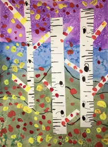 fall trees mixed media painting and collage