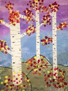fall trees mixed media painting and collage