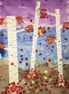 fall trees mixed media painting and collage