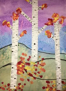 fall trees mixed media painting and collage