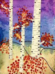 fall trees mixed media painting and collage