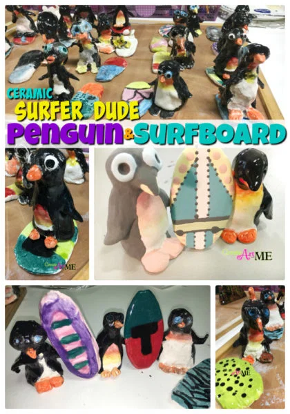 Ceramic Surfer Dude Penguin and Surfboard Thumb Clay Lesson
