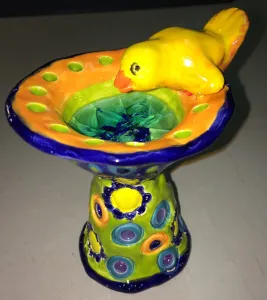 mini bird bath clay with glass beads