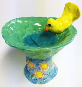 mini bird bath clay with glass beads