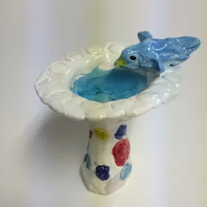 mini bird bath clay with glass beads