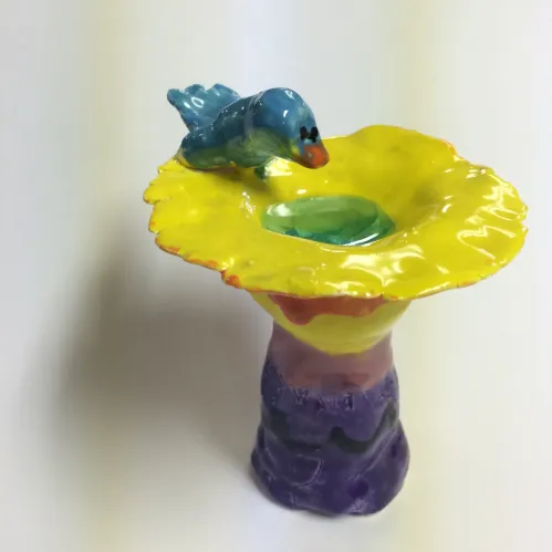 mini bird bath clay with glass beads