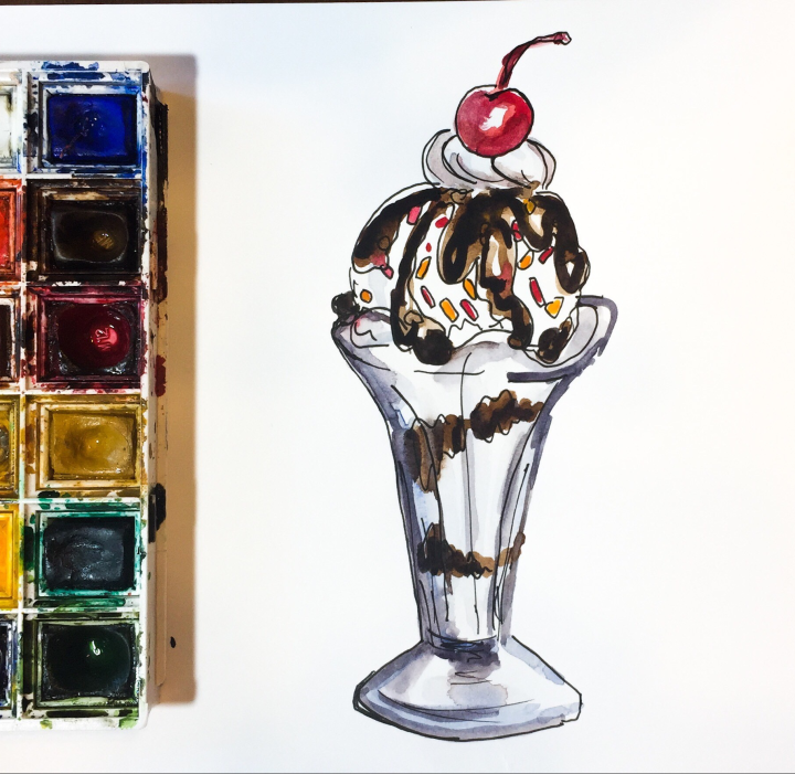 Daily Doodle | Ice Cream Sundae Watercolor Painting