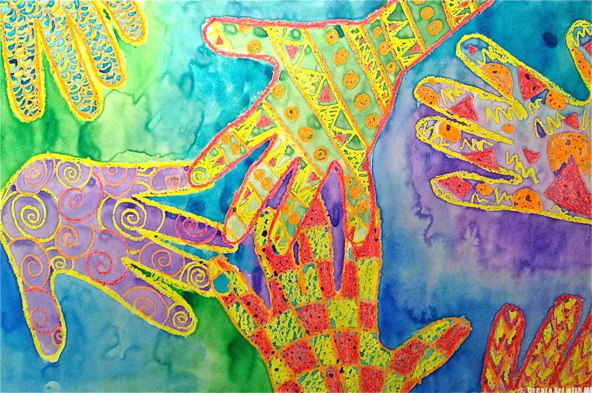 Featured: Warm & Cool Colors Handprint Pattern Watercolor & Crayon Resist Painting
