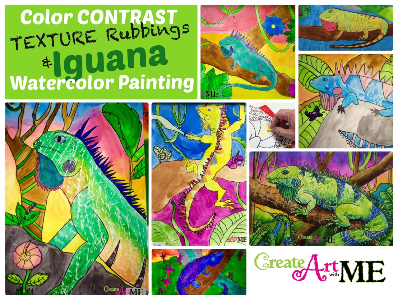 Featured: Color Contrast and Texture Rubbings Iguana Watercolor Resist Painting