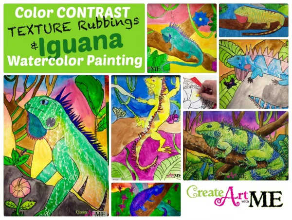Color contrast texture rubbings iguana watercolor painting
