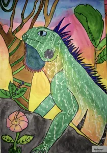 Iguana Watercolor Texture Rubbing Painting