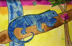 Iguana Watercolor Texture Rubbing Painting