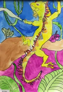 Iguana Watercolor Texture Rubbing Painting