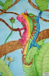 Iguana Watercolor Texture Rubbing Painting