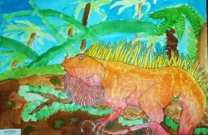 Iguana Watercolor Texture Rubbing Painting