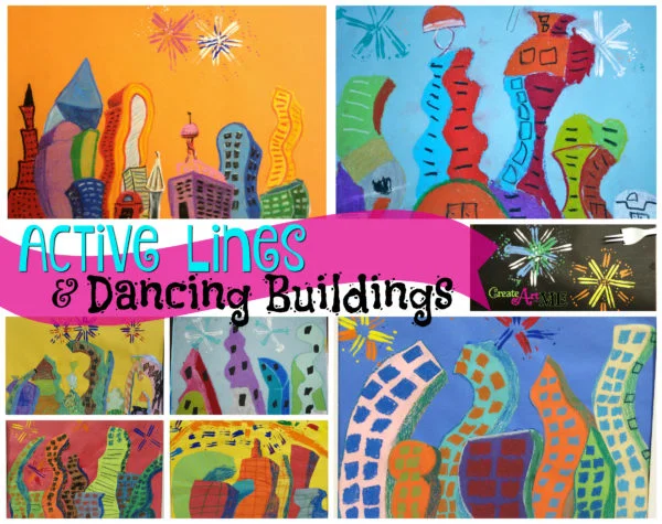 active lines dancing buildings oil pastel drawing