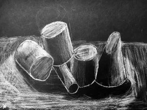 Marshmallow White Charcoal Drawing on Black Paper