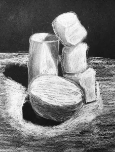 Marshmallow White Charcoal Drawing on Black Paper