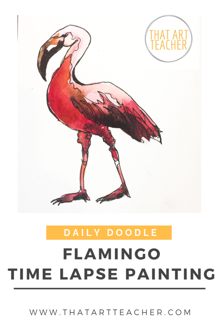 Watercolor time lapse painting of a happy and bright flamingo.
