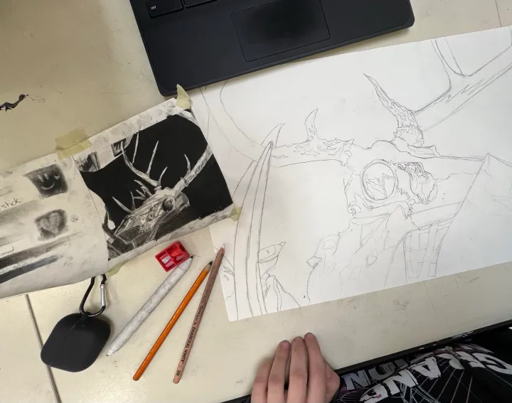 charcoal skull still life
