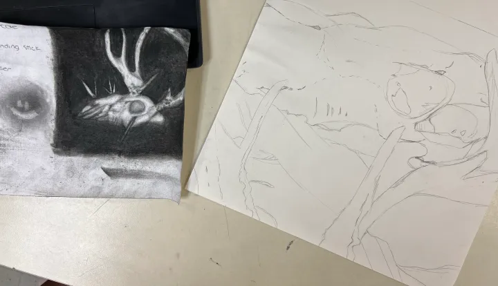 charcoal skull still life