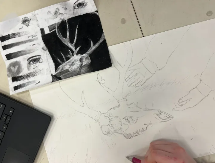 charcoal skull still life