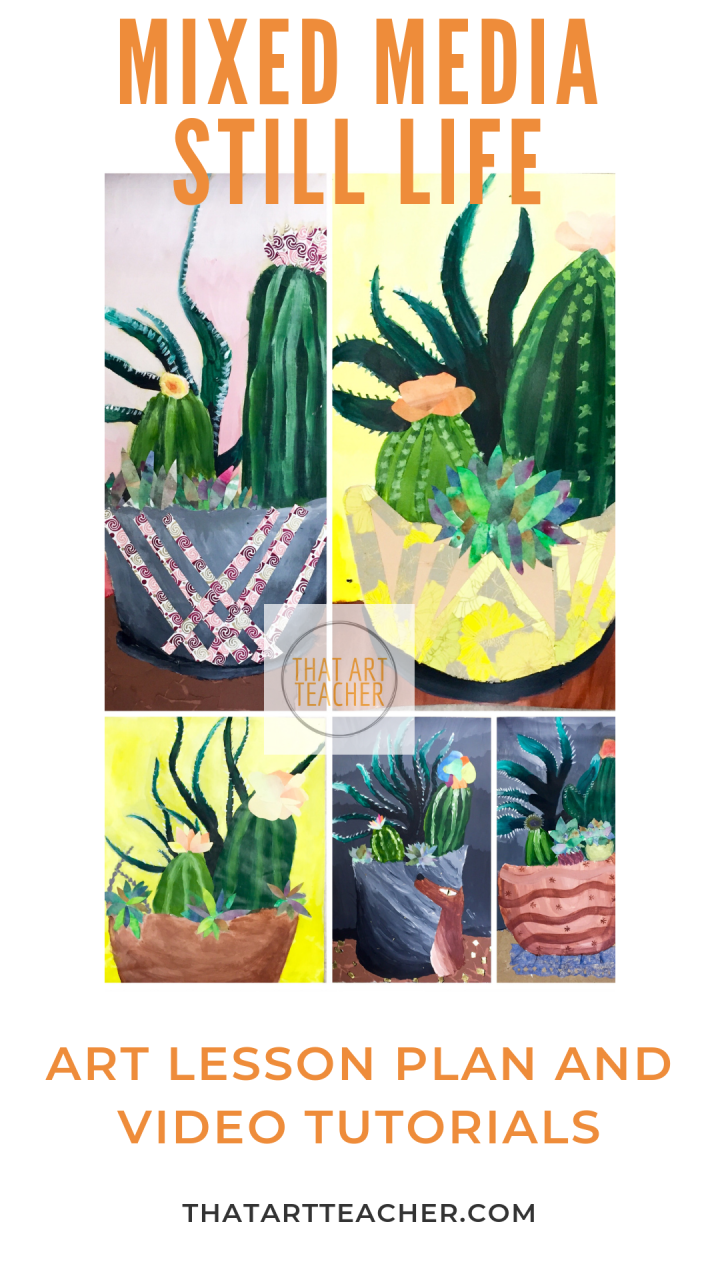 Multi-grade still life lesson plan using acrylic paint and a variety of collage techniques!