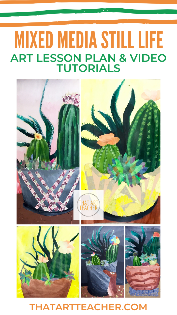 Multi-grade still life lesson plan using acrylic paint and a variety of collage techniques!